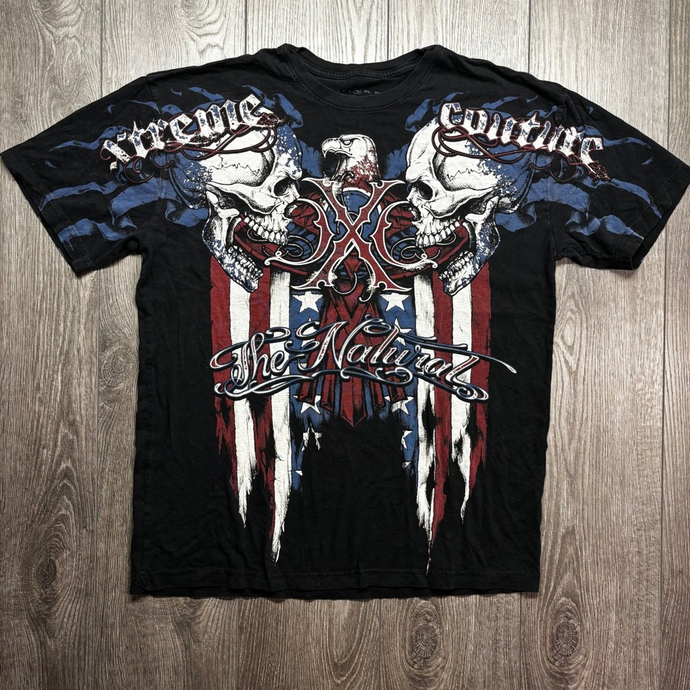 Vtg Y2k Xtreme Couture The Natural Skull Eagle Graphic T-Shirt Mens XL Black